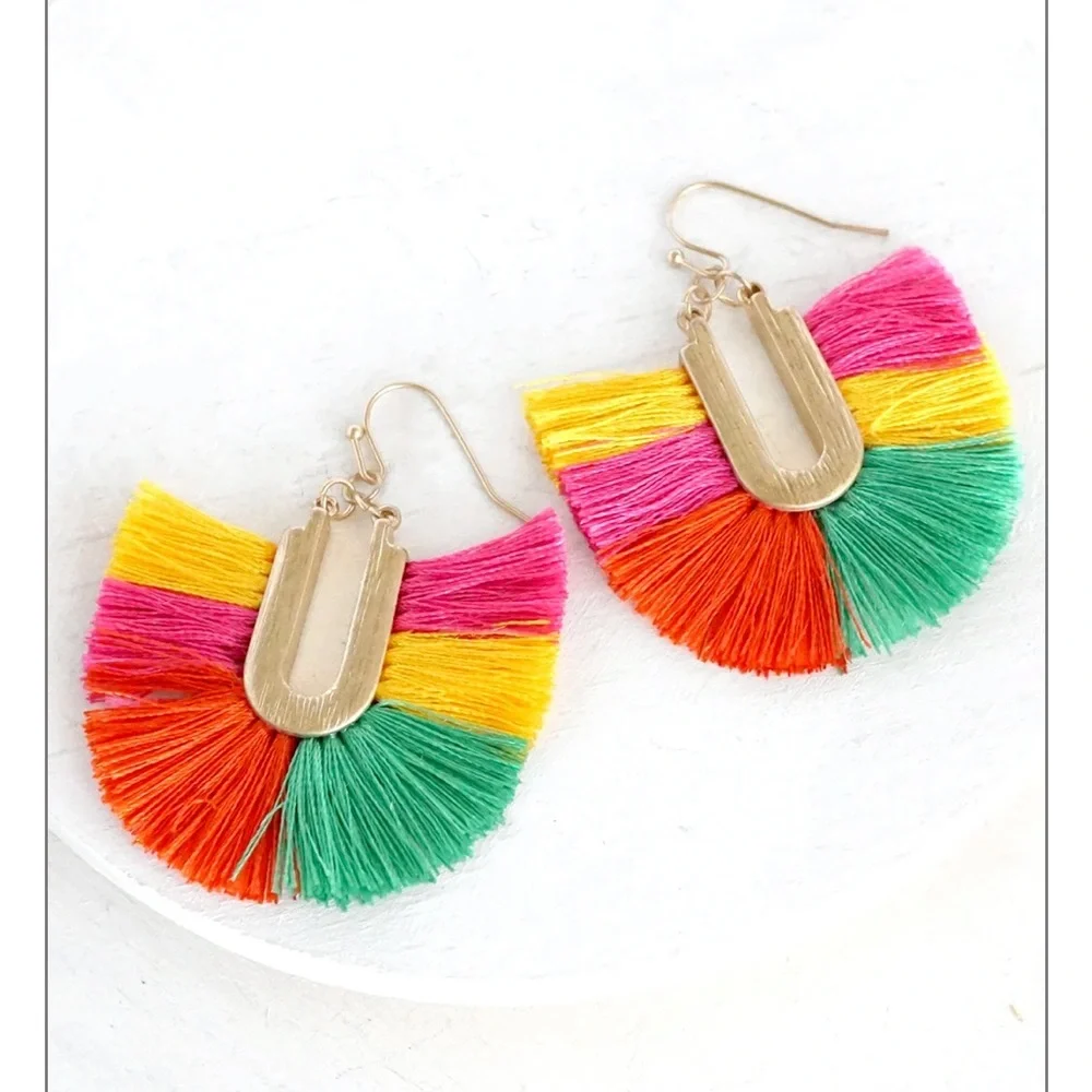 Panacea Bohemian Fringe Multi Color Tassel Women’s Rainbow Fan Earrings